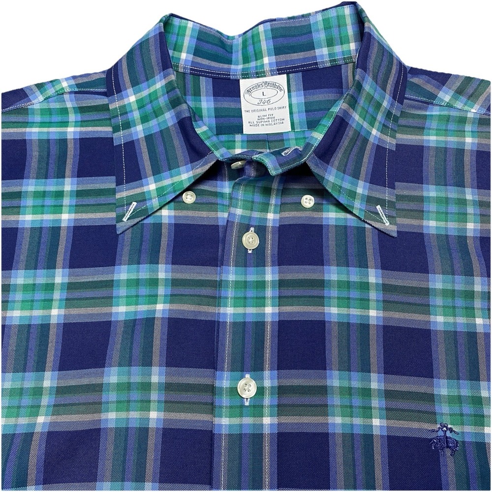 Brooks Brothers 346 Shirt L Mens L/S Button Down Pinpoint Oxford Slim Plaid EUC